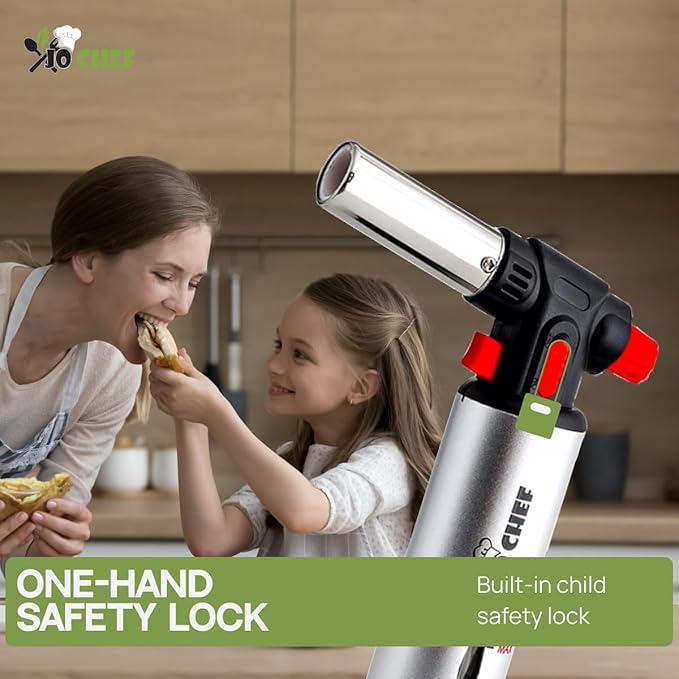 Jo Chef Kitchen Torch With Butane included, Refillable Butane Torch, Creme Brulee Torch, Blow Torch Lighter gun With Safety Lock & Adjustable Flame, 3 Cans (3.38oz) Included