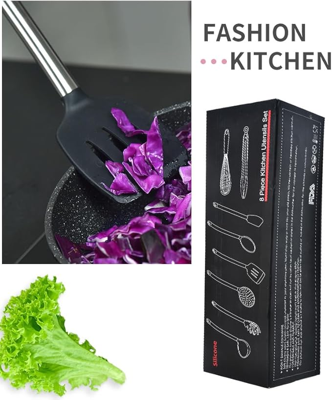 KSENDALO 9-Piece Silicone Cooking Utensils Set with Holder, Heat Resistant Kitchen Utensils Set of Slotted Spatula, Spoons, Whisk, Tong, Non Toxic Black Kitchen Tool Set for Nonstick Cookware, Black