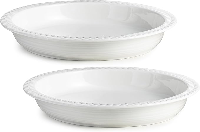 Ceramic Pie Pan Set of 2, 11 inch Round Baking Dish, Porcelain Pie Plate, Non-Stick, Oven & Dishwasher Safe, Non-Stick Pie Dish for Baking