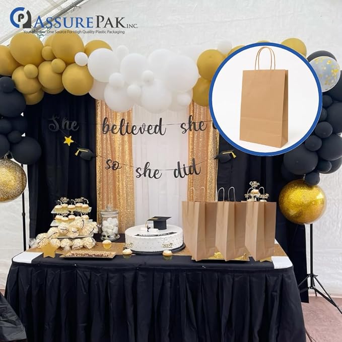 ASSUREPAK DIY Earth Friendly Paper Bags - 10"x6.75"x12" - 250 Bags - 90 GSM - Kraft/Natural - Gift Bags for Decorating & Graduation Parties