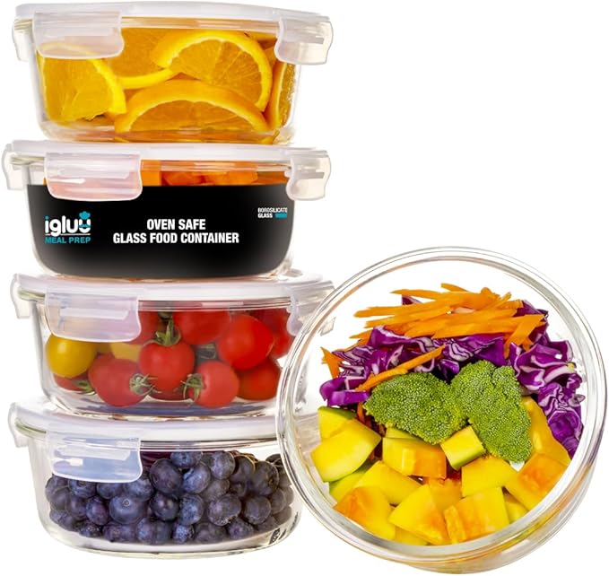 Igluu Meal Prep Glass Containers [5 pack + extra lid] - Glass Food Storage, Microwave, Oven, Freezer & Dishwasher -safe - Airtight Meal Prep Boxes with Snap Lock Steam Vent Lids, BPA-Free (950ml 32oz)