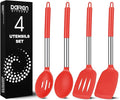 Pack of 4 Large Silicone Cooking Spatulas and Spoons, Slotted and Solid Stainless Steel Cooking Utensils Set, Non-stick Heat Resistant Kitchen for Baking, Fried, Stir-Fry, Mixing, Serving (Red)