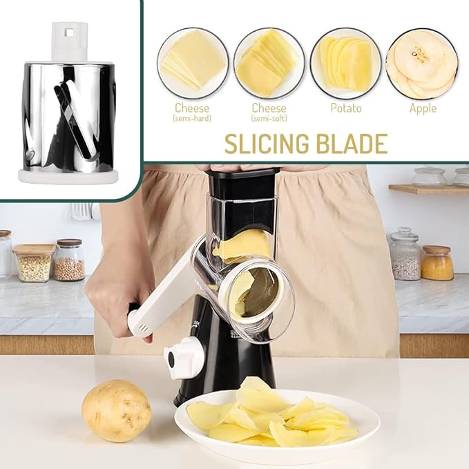 Rotary Cheese Grater with Handle Vegetable Shredder Round Kitchen Slicer Mandoline Grater for Vegetable, Nuts, Chocolate, Chesse, White, 3 Stainless Steel Blades