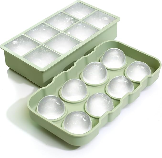 Large Ice Cube Trays Perfect for Whiskey and Summer Drinks - Space Black, Italian Design - 2 Pack (16 x Ice Cubes | Square and Round | XL) - Cosvino - Removable Lid, Easy Release (Olive Green)