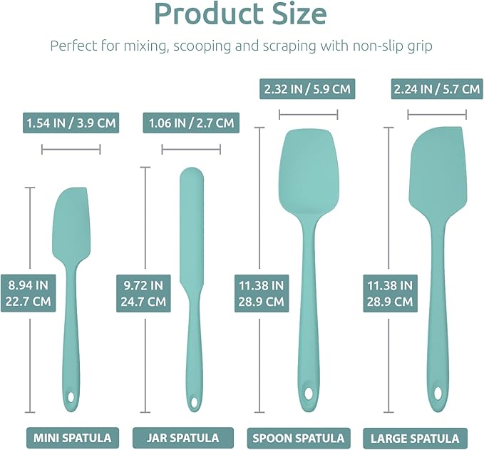 Heat Resistant Silicone Spatula Set: U-Taste 600ºF High Temp Seamless Food Grade Utensil, Flexible Rubber Silicon Kitchen Cooking Mixing Baking Scraper for Nonstick Cookware Set of 4 (Aqua Sky)