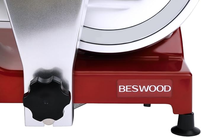 BESWOOD 10" Electric Deli Meat Slicer, Cheese Food Slicer with Premium Chromium-plated Steel Blade, for Home and Commercial use, 240W, Serving Plate included, Classic Red
