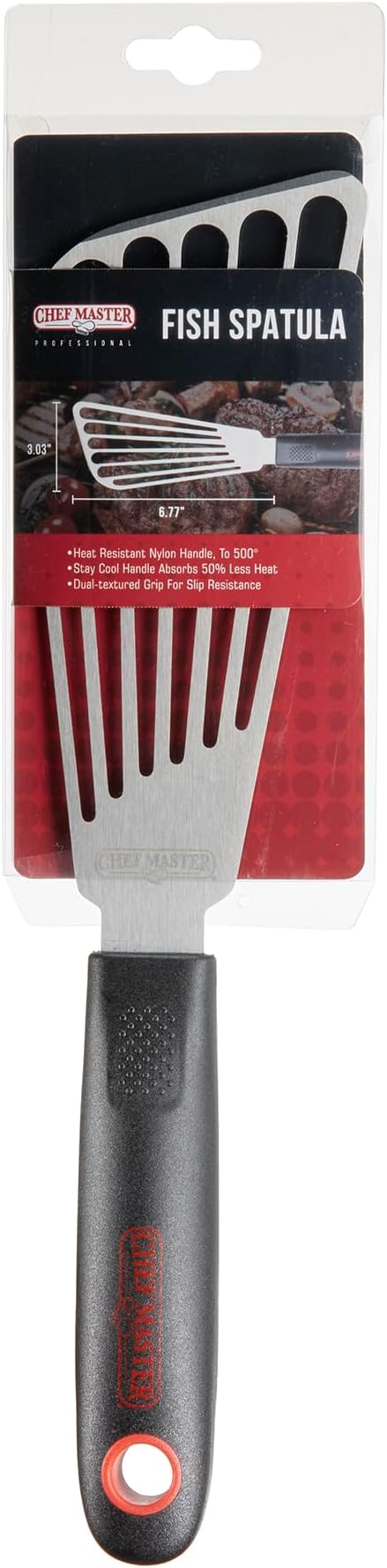 Chef Master 90287 High Heat Fish Spatula Spatula, 6.77" x 3.03" Blade | Heat Resistant Handle | Slip Resistant Grip | Dishwasher Safe