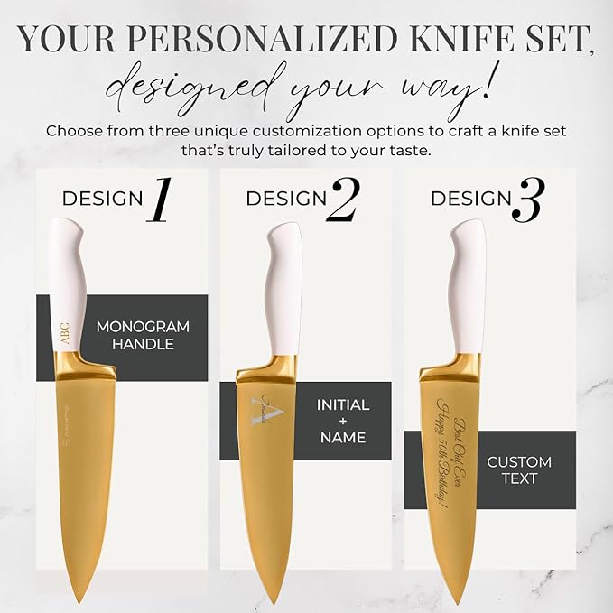 Personalized Gold Knife Set with Self-Sharpening Block – Make It Uniquely Yours with Custom Engraving on Luxurious White and Gold Knives – Personalized Gift for Weddings, Birthdays, Anniversaries