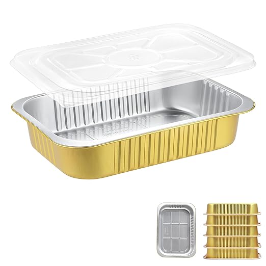 11"x 7.5" Sturdy Aluminum Foil Pans + Lids (5 Pack), 2X Thicker Heavy Duty for Oven, Grill, Microwavable Cooking Baking, Reusable Freezable Dishwasherable Disposable Tin Pot Container 74oz