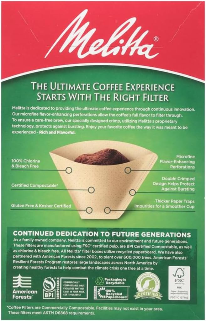 Melitta #4 Cone Coffee Filters, Natural Brown, 100 Count (Pack Of 6), 600 Total Filters - Fits all 8-12 Cup Cone Coffee Makers and Pour-Overs, Compostable, Tear-Resistant, Made in USA