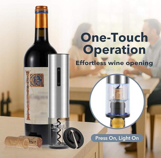 Electric Wine Opener Rechargeable–USB-C Charging, Wine Opener Electric with Foil Cutter, Electric Wine Bottle Opener, Electric Corkscrew Wine Opener, Stainless Steel, Must-Have for Wine Lovers