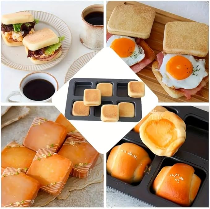6 Cup Square English Muffin Pan with Lid Straight Side Hamburger Burger Bun Egg Sandwich Frittata Cinnamon Roll Focaccia Quiche Pancake Nonstick Baking Tin Tray Mold