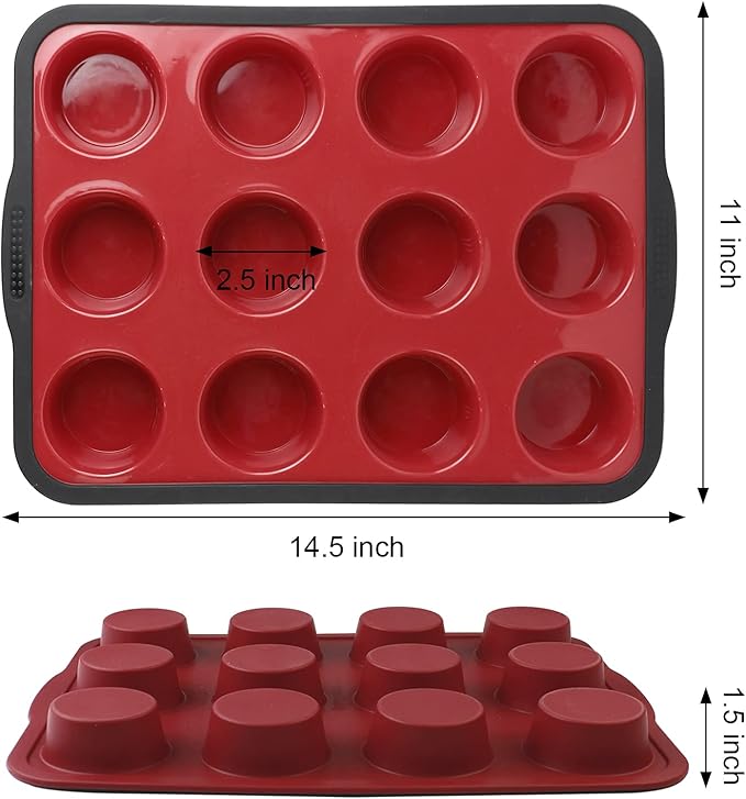Aichoof Non-Stick Silicone Muffin Pan With Reinforced Stainless Steel Frame Inside,12 Cup Regular Muffin Baking Mold, 12 Cup Muffin Tin, BPA Free,Dishwasher Safe, Red