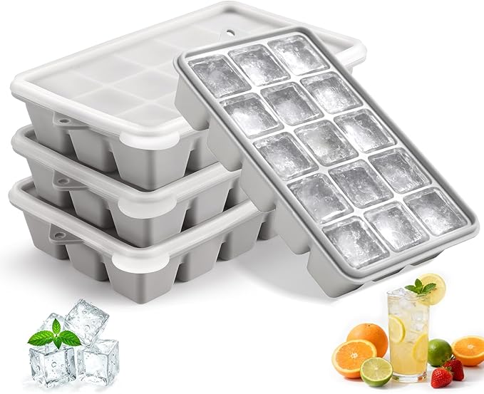 Silicone Ice Cube Trays with Lid, Set of 4, Easy Release Ice Molds, Reusable and Stackable Ice Trays for Freezer for Cocktail, Whiskey, Baby Food, BPA Free (gray)