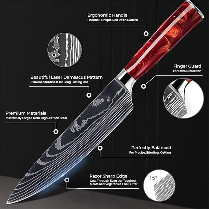 SENKEN 16-Piece Natural Acacia Wood Kitchen Knife Block Set - Japanese Chef's Knife Set with Laser Damascus Pattern, Includes Steak Knives, Kitchen Shears, Santoku, Cleaver & More (Red Resin Handles)