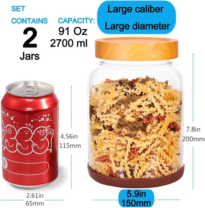 SAIOOL Screw Large Glass Storage Jars with Lids (2-Pack) - Diam15cm xH 20cm Airtight Containers for Bulk Foods, Cookies, Pet Treats, Includes Spoon & Label Kit (Tall Size)
