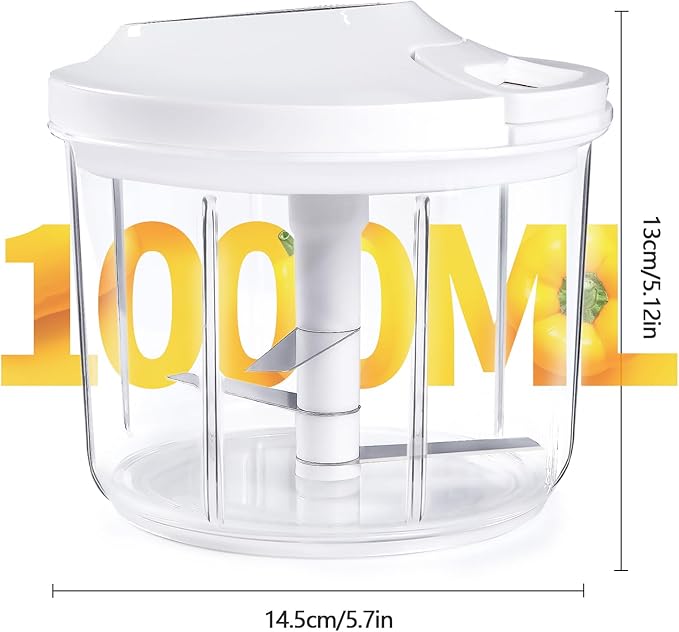 LHS Manual Food Processor Large Vegetable Chopper, 1000ML Pull String Chopper Garlic Mincer Onion Cutter for Veggies,Salad,Fruits, Nuts, BPA Free, WHITE