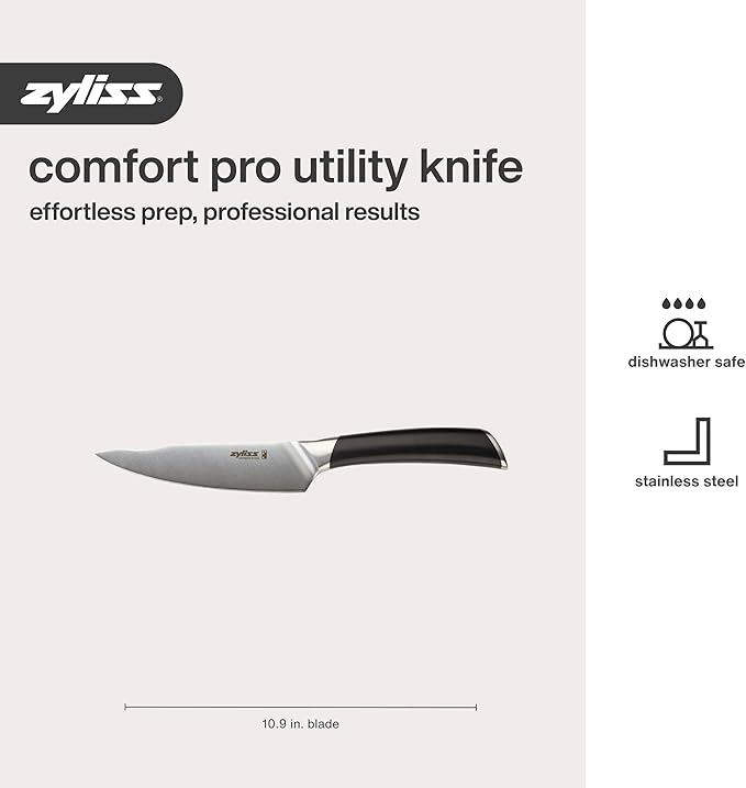 Zyliss Comfort Pro Utility Knife - Full Tang Meat & Vegetable Knife - Ice Hardened Stainless Steel Meat Slicing Cutter - Cutlery with Antibacterial Handle - Black/Stainless Steel - 5.5 inches