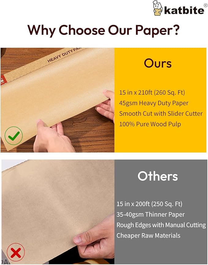 Katbite Unbleached Parchment Paper for Baking, 15 in x 210 ft, 260 Sq.Ft, Heavy Duty Baking Paper with Slide Cutter, Non-stick Brown Parchment Paper Roll for Cooking, Air Fryer, Steaming, Baking Bread