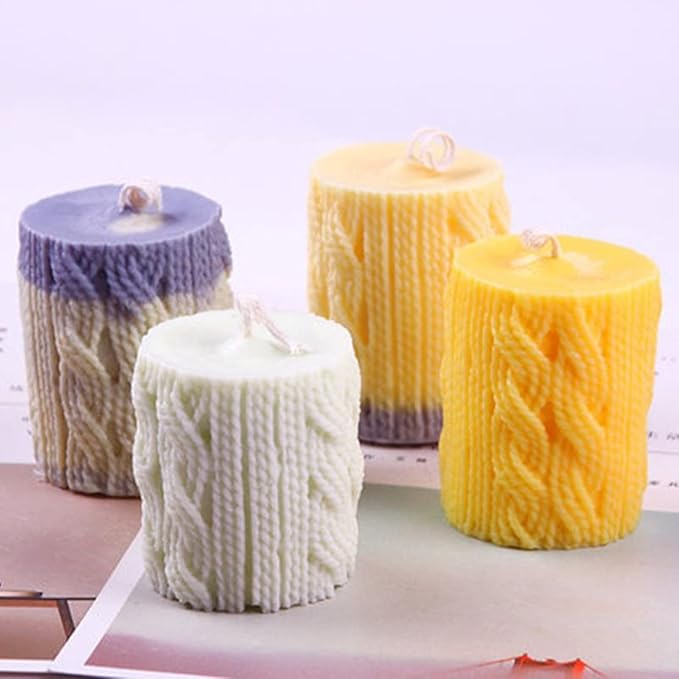 Lines Cylinder Candle Mold 3D Knitting Wool Pillar Silicone Candle Mould Fondant Chocolate Cake Tool for Handmade Soap, Polymer Clay