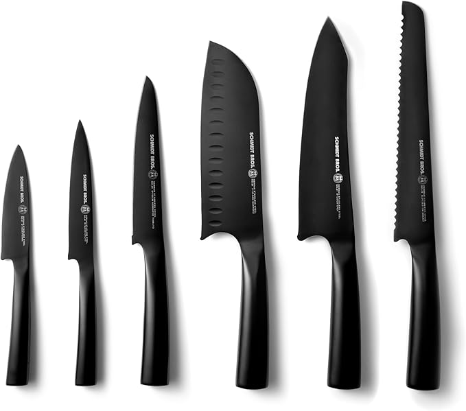 Schmidt Brothers - Jet Black Series 7-Piece Kitchen Knife Set, High-Carbon German Stainless Steel Cutlery, Pure Matte Black Titanium Finish With Clear Acrylic Magnetic Knife Block