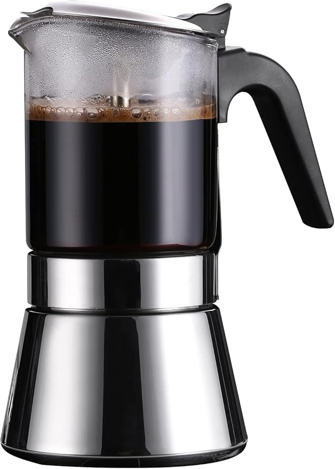 Induction Moka Pot, Crystal Glass-top & Stainless Steel Stovetop Espresso Maker,Classic Italian coffee maker (160ml)