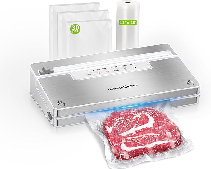 Bonsenkitchen Vacuum Sealer Machine, Stainless Steel Food Sealer Vacuum Sealers with 30 Bags & 1 Roll, 5 Food Vacuum Modes, Built-in Cutter & Bag Storage (White Silver)