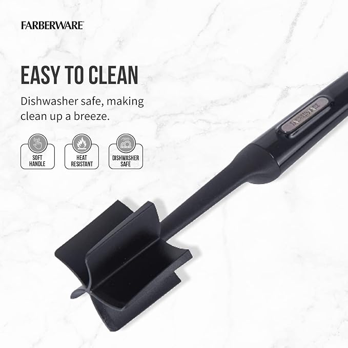 FARBERWARE Nylon Meat and Potato Masher – 5-Blade Ground Meat Chopper, Heat-Resistant to 450°F, Safe for Nonstick Cookware, Ergonomic Handle, 10-Inch, Dishwasher-Safe, Black