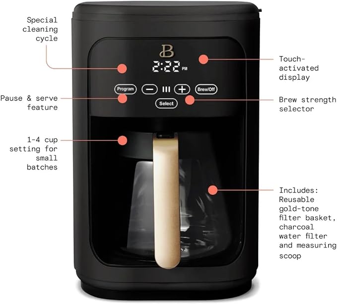 Beautiful 14 Cup Programmable Coffee Maker, Touch Display, 1200W, Brew Strength Control, Keep Warm, Pause & Serve, Glass Carafe, Reusable Filter, Auto Shut-Off, Matte Finish (Black Sesame)