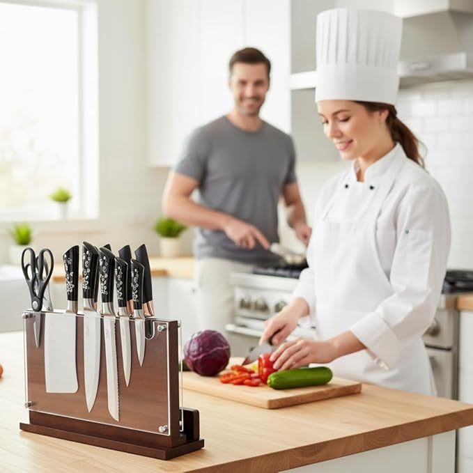 Magnetic Knife Holder Stand 14 x 10 Inches Extra Large Size with Knife Sharpener Wooden Double Sided Magnetic Knife Block Rack for Kitchen Counter with Cutting Board Slot & Acrylic, Sturdy & Durable