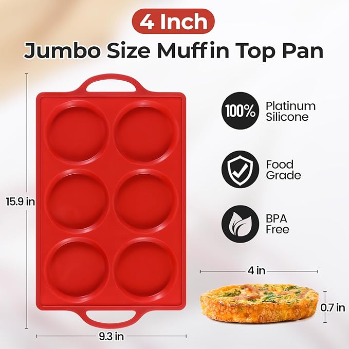 CAKETIME Muffin Top Pan Non Stick, 4 Inch Metal Frame Round Silicone Egg Baking Pan for Oven English Muffins, Whoopie Pies, Corn Bread, Egg Bites, Breakfast Sandwiches Tarts 3 Pack Red