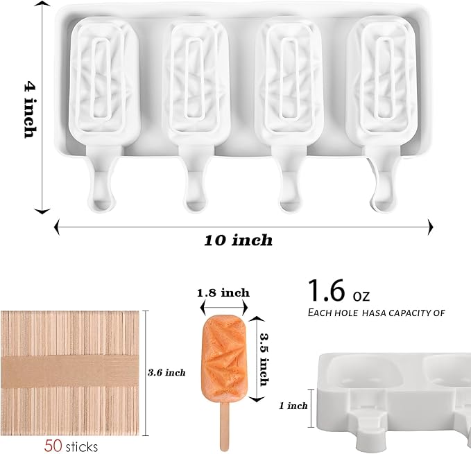 Sakolla 2 Pack Silicone Popsicle Molds, 4 Cavities Diamond Ice Cream Molds with 50 Wooden Sticks for Ice pop, Cake Pop, Cakesicles (White)