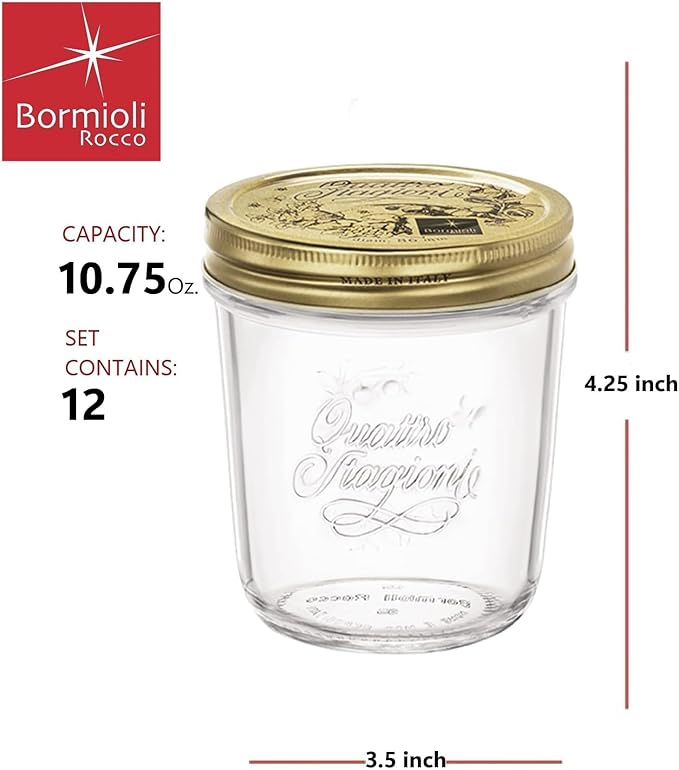 Bormioli Rocco Quattro Stagioni 10.75 oz Glass Preserving Jar (Set of 12) - Wide‑Mouth Twist‑Top Canister with Airtight Seal - Bee embossed Storage & Serving Vessel - Made in Italy, BPA‑Free