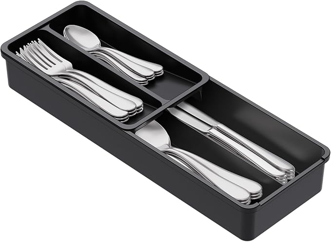 Lifewit Compact Silverware Organizer for Kitchen Drawer, Narrow Flatware Tray Holder, Plastic Cutlery Spoons, Forks and Knives Storage, Black, 1 Pack