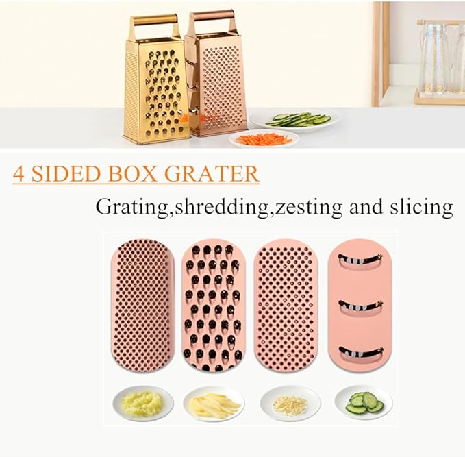 4 Sides Box Grater For Kitchen,Stainless Steel Cheese Grater With Handle,Multi-Function Vegetable Slicer Food Shredder For Chees,Ginger,Vegetables,Rose Gold