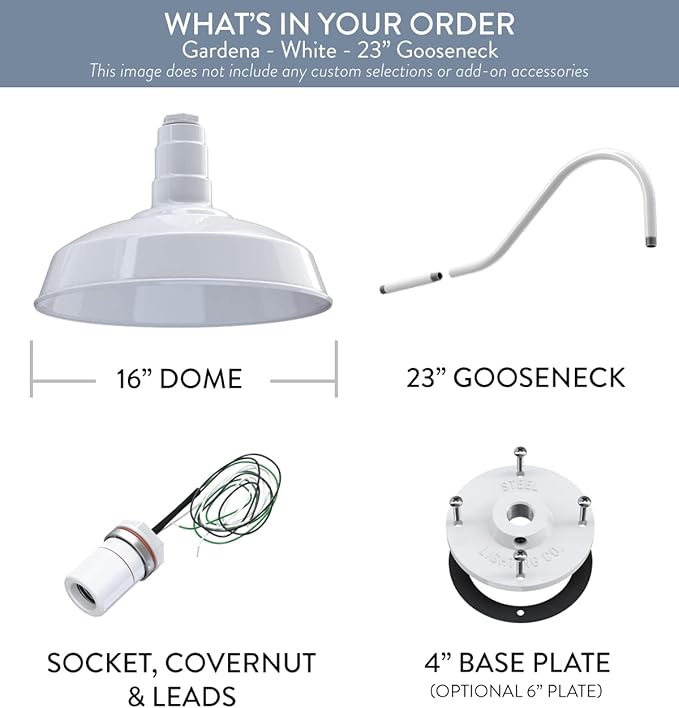 Steel Lighting Co. Gardena Barn Light | Outdoor Wall Mounted | 16" Dome | 23" Gooseneck | Farmhouse Light Made in America | White Exterior/White Interior