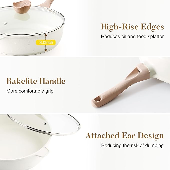 Kordisen Nonstick Ceramic Deep Frying Pan, 11 Inch Non Toxic Skillet with Lid, Healthy Jumbo Cooker, Saute Pan for Cooking, Induction Cookware, PFOA & PFAS Free (Cream)