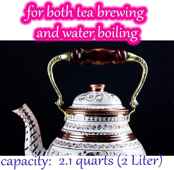 Vintage Copper Turkish TeaPot Tea Kettle Pot for Stovetop Stove Top Infuser Decorative Fancy Arabic Moroccan Party Serving Kitchen Antique Handmade White Floral Unique Style Gooseneck Gift