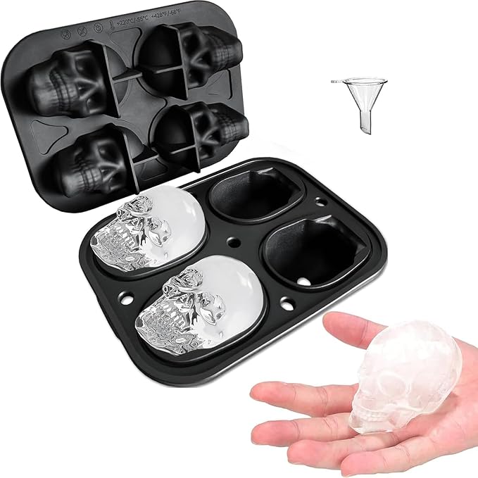 Skull Ice Cube Mold，Skull Cake Pan Silicone Mold，6-Cavity Silicone, or Halloween & Party Drinks (4 Cavity Large Mold)