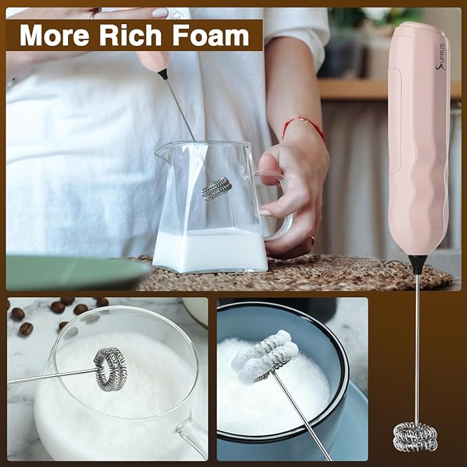 SUPRUS Ultra Fast Handheld Milk Frother Double Whisk with Stand 2 Batteries Stainless Steel for Lattes Cappuccino Matcha Hot Chocolate Coffee Bar Accessories Kitchen Gadgets Gift