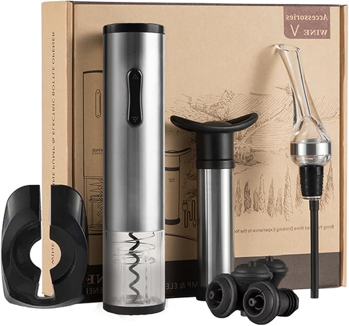 Electric Wine Opener Set, Cordless Electric Corkscrew Wine Opener, Premium Wine Gifts Box with Automatic Wine Openers, Foil Cutter, Foil Cutter, Wine Aerator, Vacuum Pump, 4 Stoppers, Rechargeable