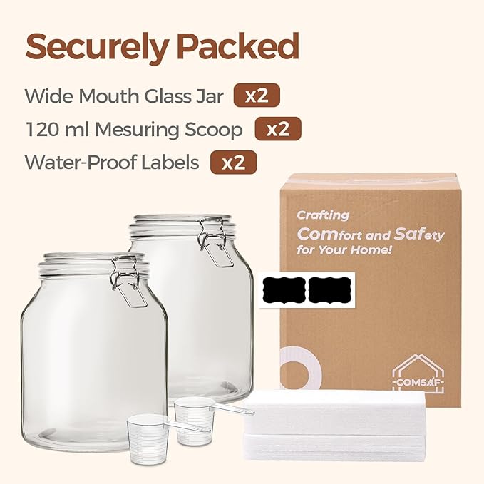 ComSaf Glass Jars with Airtight Lid 86 oz, Wide Mouth Mason Jars, Canning Jars, Large Glass Storage Containers with Lids, Flour Sugar Storage Containers, Large Canister for Rice, Pickle, Set of 2
