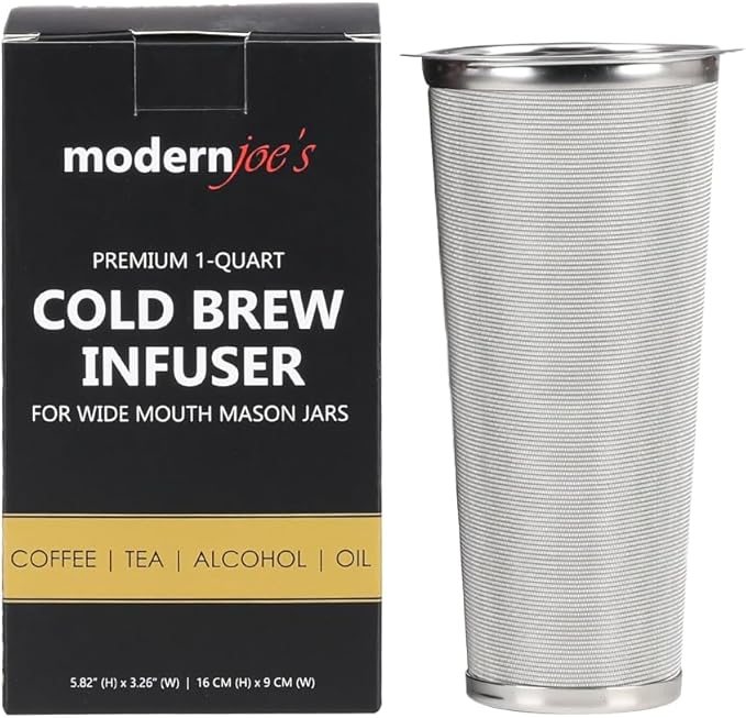 MODERNJOE'S Premium Cold Brew Coffee Filter for 1 Quart Wide Mouth Mason Jars. Cold Brew Coffee Maker. Perfect for Iced Coffee and Tea. 50 Micron EXTRA Fine Mesh 304 Stainless Steel