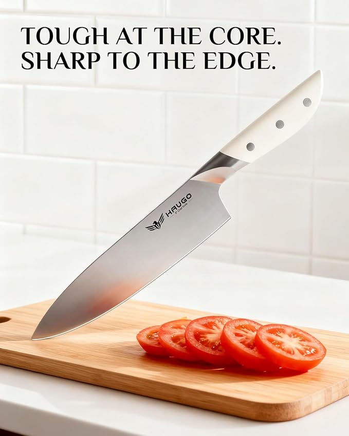 Knife Set - Haugo 14 PCS German Stainless Steel Kitchen Knife Sets with Block and Sharpener - Full Tang Knife Block Set and Ergonomic Handle - Elegant White- Obsidian Series