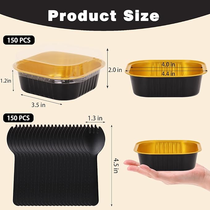 FORBFAN 150 Pack 8 oz Mini Square Cake Pans with Lids, Aluminium Foil Square Brownie Baking Cups, Black and Gold Disposable Ramekins Oven Safe