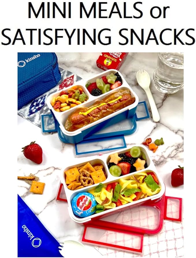 Snack Containers - Small Bento Lunch Box for Kids Girls Boys Toddlers | MINI Leakproof Boxes, Baby Bentobox for School Daycare Travel, Portion Containers, 2 pack, Red Navy Blue