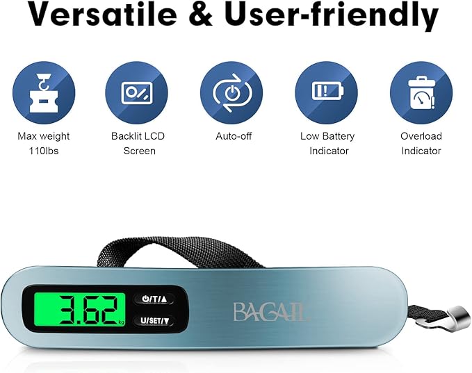 BAGAIL Digital Luggage Scale, 110lbs Hanging Baggage Scale with Backlit LCD Display, Portable Suitcase Weighing Scale, Travel Luggage Weight Scale with Hook, Strong Straps for Travelers