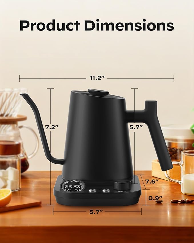 Silonn Gooseneck Kettle, Electric Kettle with ±1°F Precise Temperature Control, Pour-Over Coffee,100°C Hold for 4-Hour Warmth, LED Brew Timer and 7 Presets, 304 Stainless Steel Kettle, 1200W/0.9L