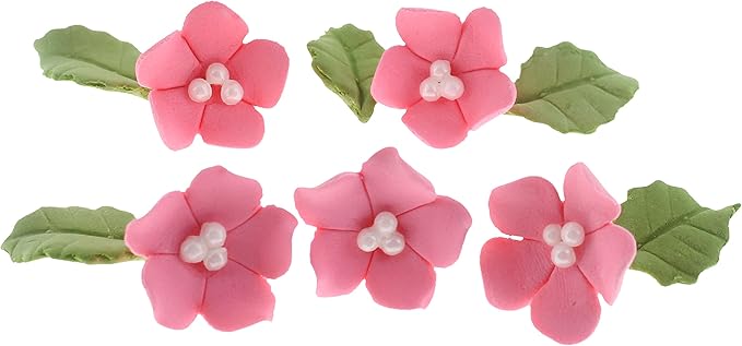 Global Sugar Art Blossoms and Leaves Edible Sugar Cake & Cupcake Flowers, Pink, Small Unwired, 24 Count with Leaves by Chef Alan Tetreault