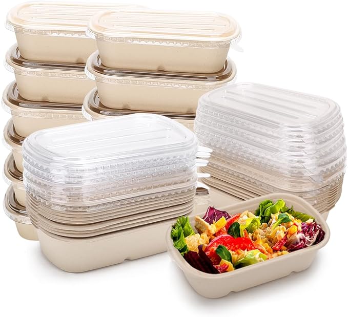 Aksipo 50 Pack 33 Oz Disposable Meal Prep Containers with Lids, Rectangle Paper Bowls with Lids for Salad,Leftovers, Leak-proof To Go Food Box Cardboard Lunch Box Compostable Take Out Food Containers